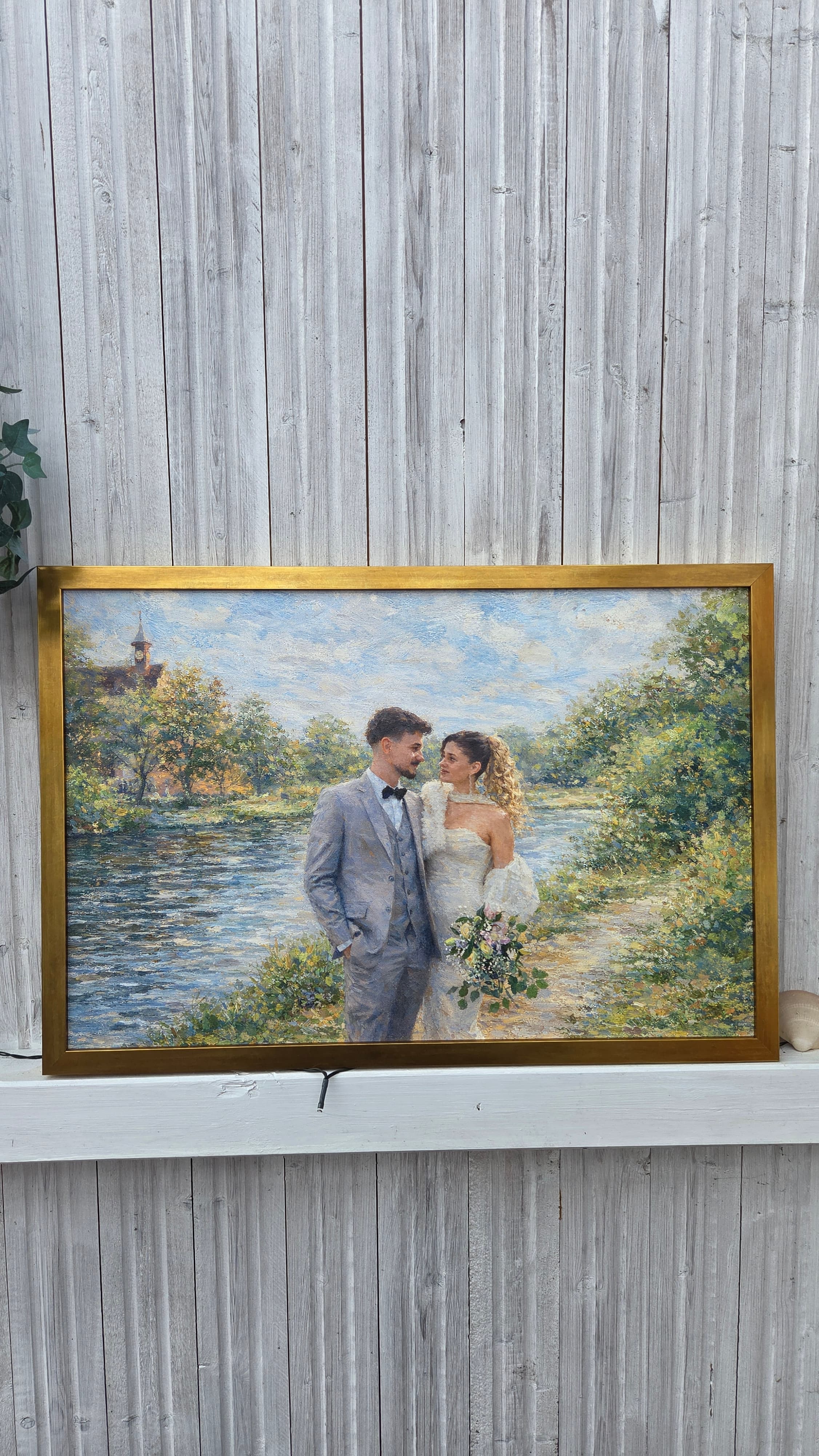 Das Ja-Wort – als Gerahmte Giclée-Leinwand, Antik Gold an einer Wand, Kunstwerk im Stil Spezial 1 – Wassergarten