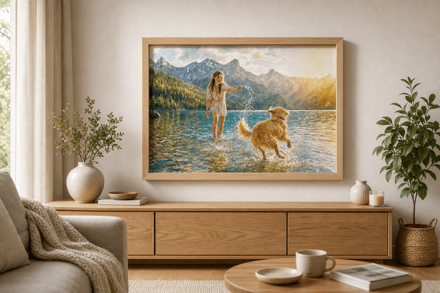 Treuer Begleiter – als Giclée-Druck auf Enhanced Matte Art Paper im Box Frame, Natur an einer Wand, Kunstwerk im Stil Aquarell 1 – Wasserklang