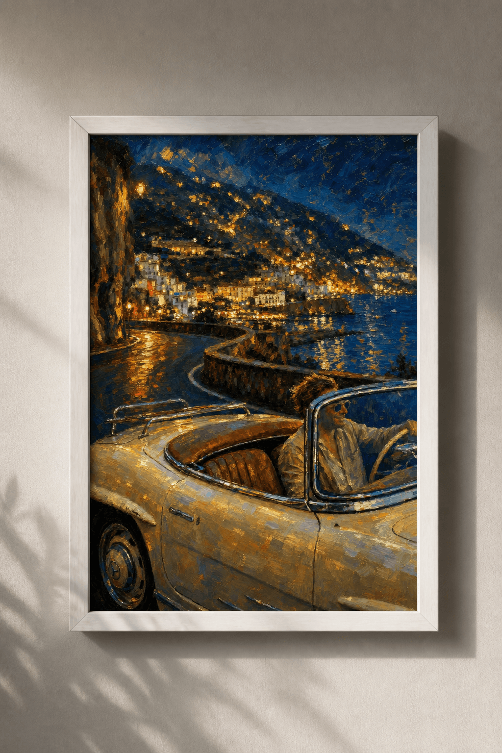 Der erste Wagen – als Gerahmte Giclée-Leinwand, Antik Silber an einer Wand, Kunstwerk im Stil Impressionismus 2 – Lichternacht