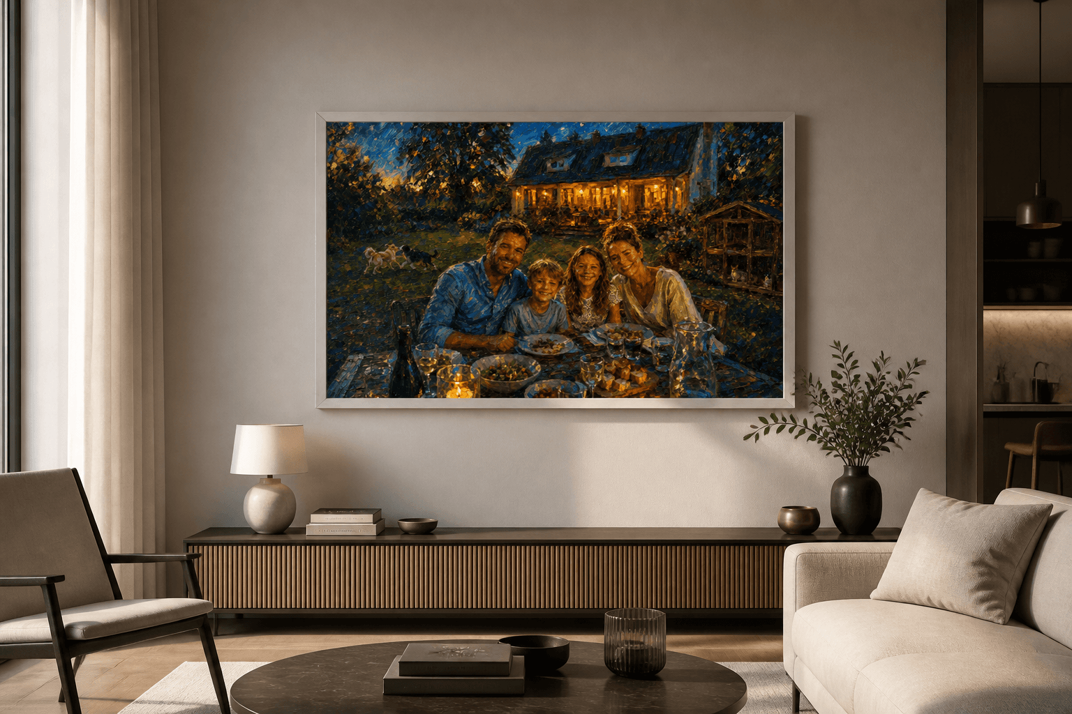 Das erste Zuhause – als Gerahmter Hahnemühle Fine-Art-Druck, Antik Silber an einer Wand, Kunstwerk im Stil Impressionismus 2 – Lichternacht